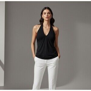 MODA INTERNATIONAL Black Halter‎ Top Tank Blouse Women's M Tie Neck Open Back